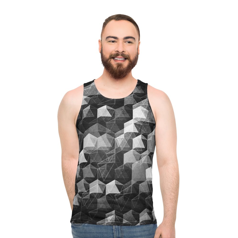 Monochrome geometric unisex tank top with abstract curtain falls design - men