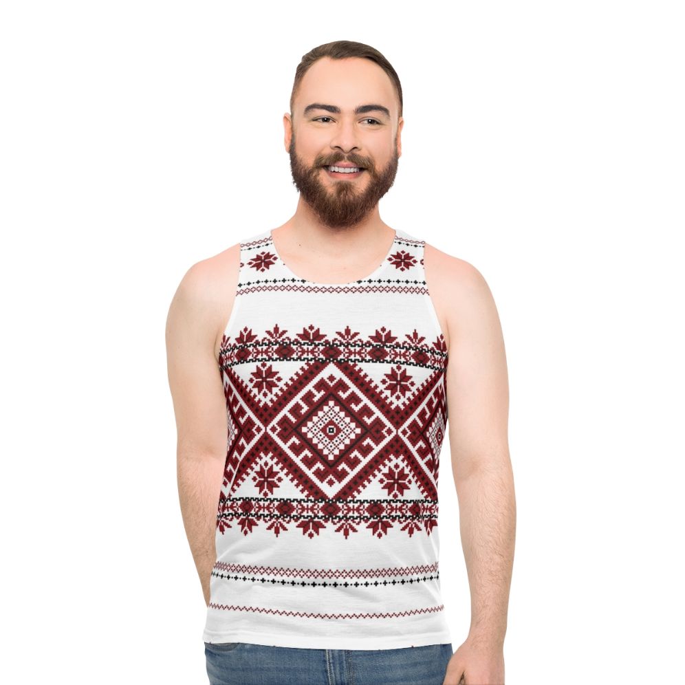 Unisex tank top with traditional Romanian geometric motif pattern - men