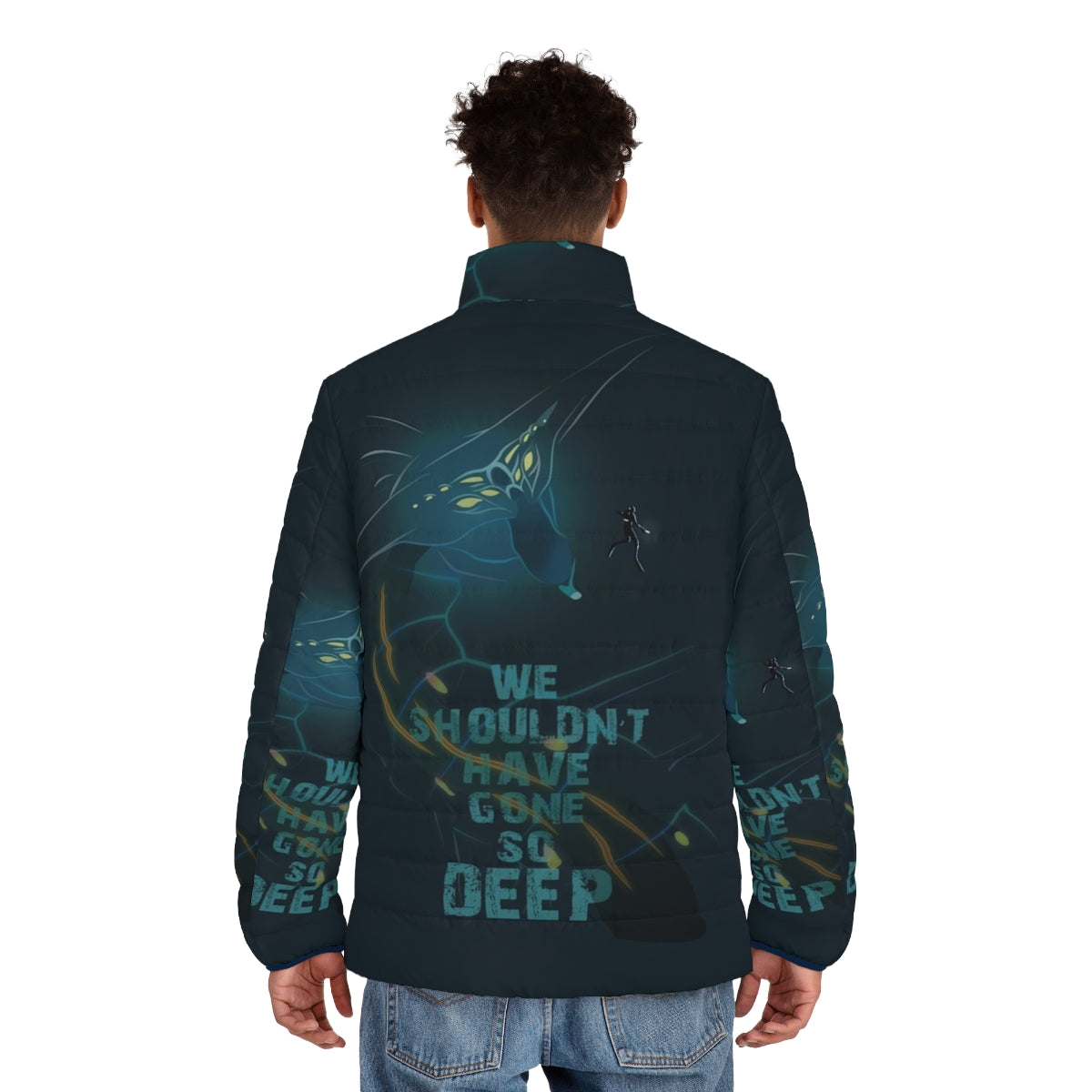 Degasi Regrets Subnautica Puffer Jacket featuring ocean alien monster - men back