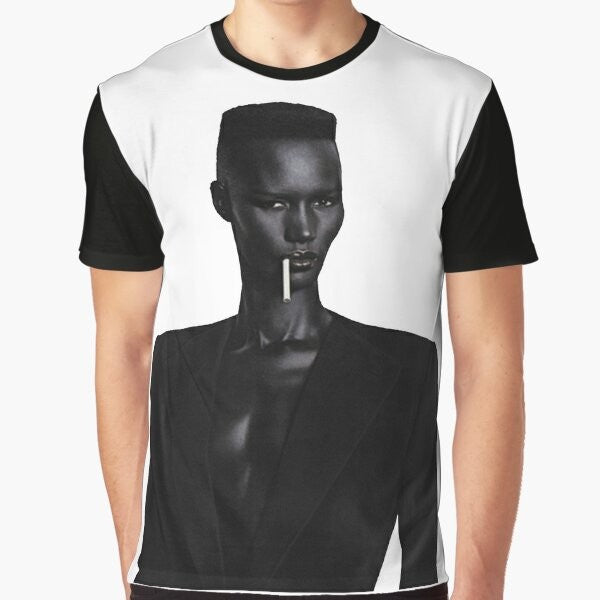 Graphic t-shirt featuring a portrait of iconic musician and actress Grace Jones