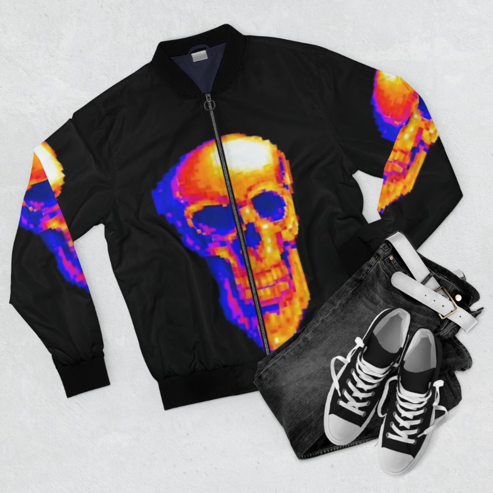 MDE Bomber Jacket featuring a graphic design with a skull, rainbow, and "MDE" text - Flat lay