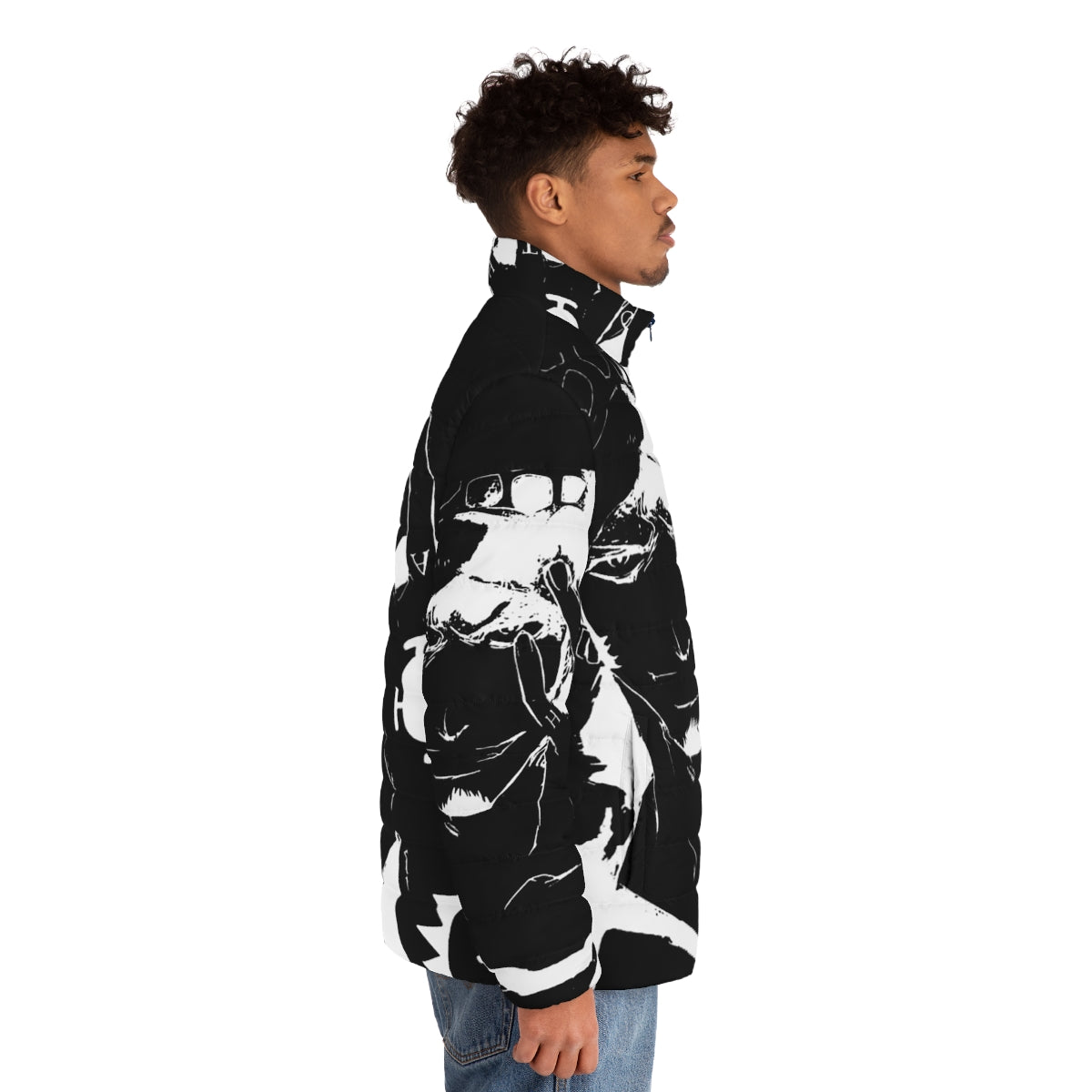 Trafalgar Law Puffer Jacket - One Piece Inspired Monochrome Anime Character Apparel - men side right