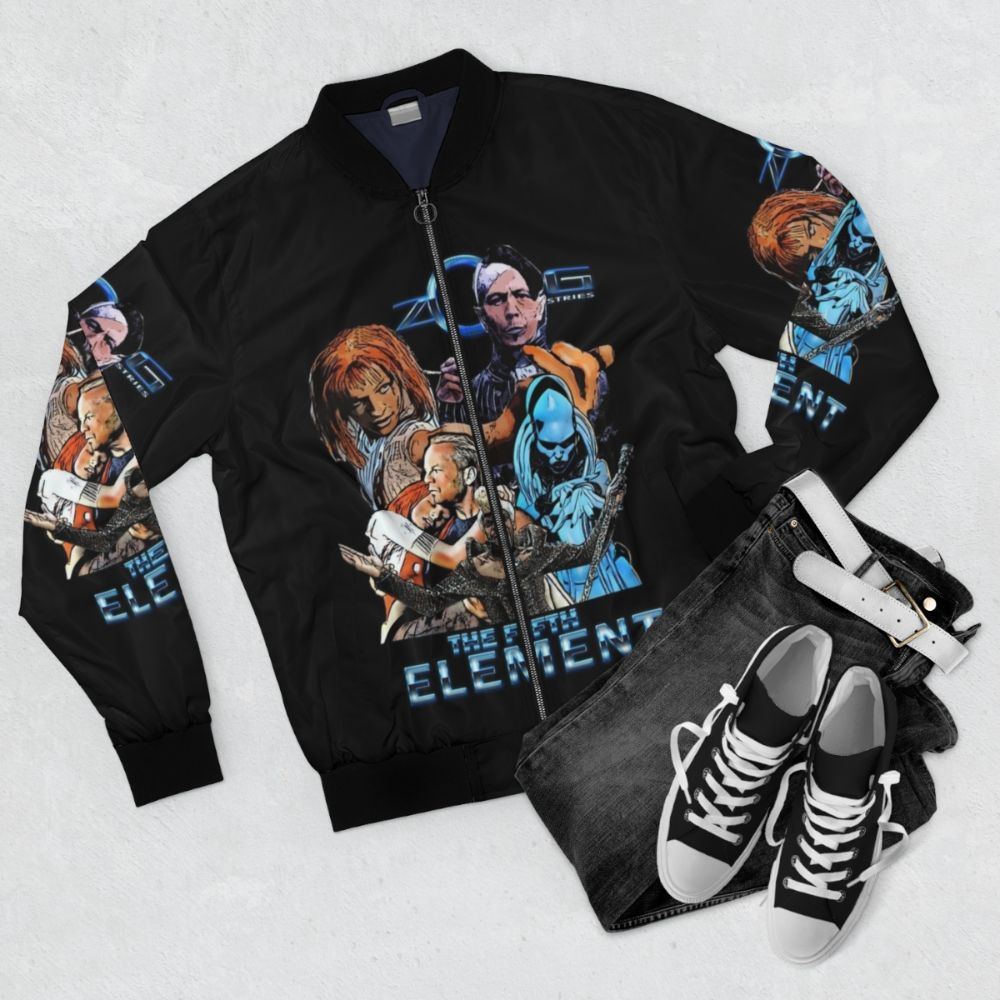 The Fifth Element Bomber Jacket, a classic sci-fi movie inspired design - Flat lay