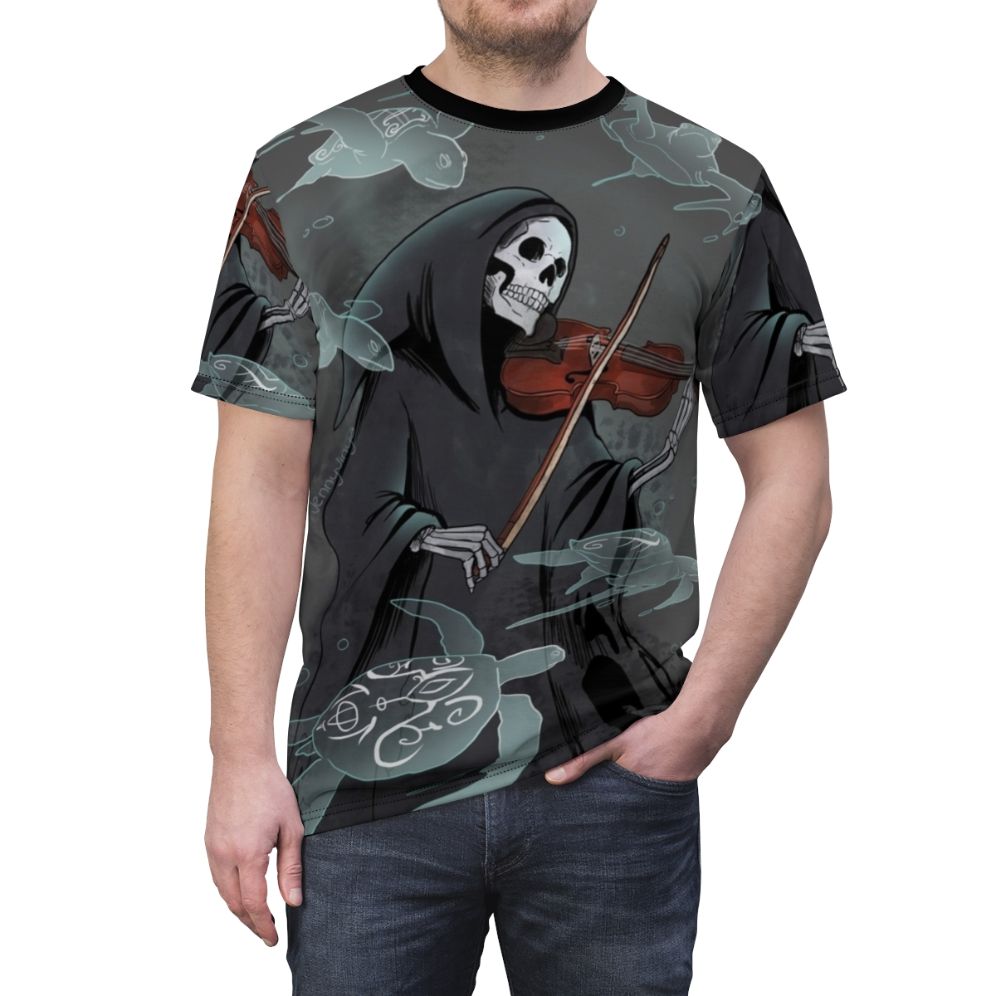 A t-shirt design featuring a dark, moody illustration of a violin and grim reaper with sea turtles. - men front