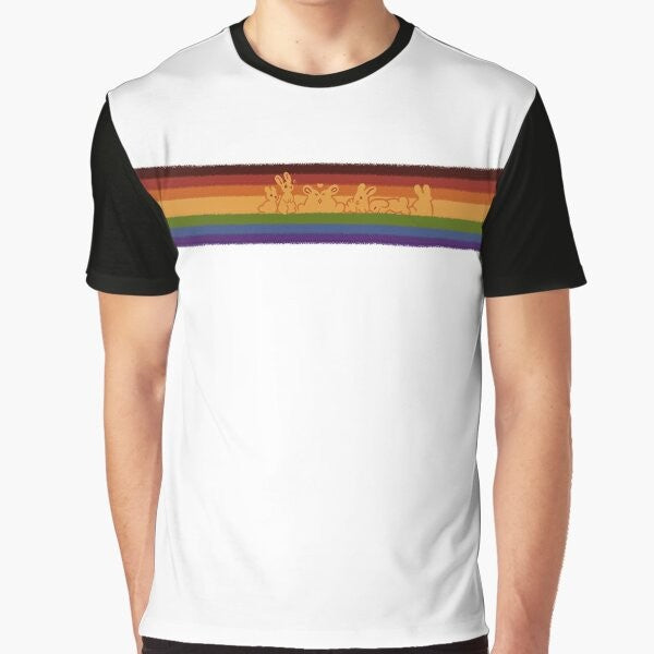 Colorful graphic of cute rainbow rabbits on a gay pride t-shirt