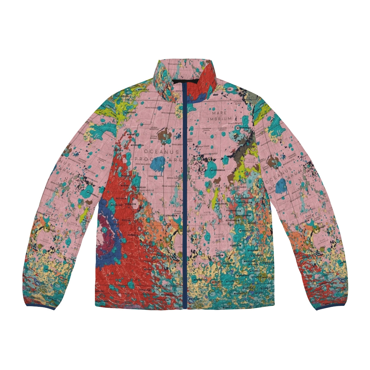 Geometric 90s design puffer jacket with pop art pattern and retro aesthetic