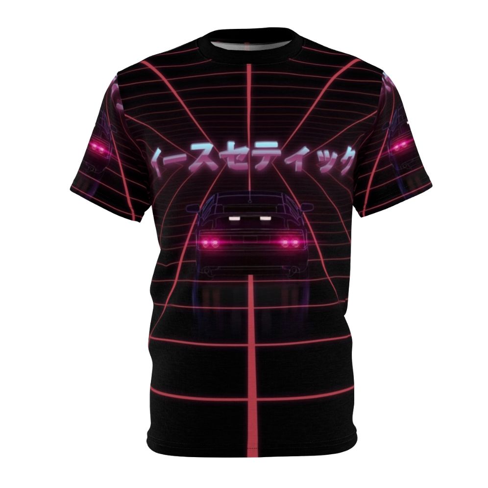 Colorful 80s retro-inspired vaporwave and synthwave design t-shirt with futuristic and sci-fi elements