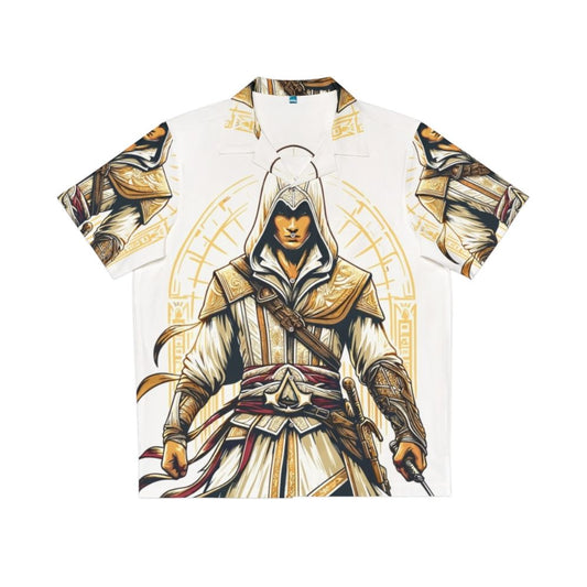 Assassins Creed inspired Hawaiian shirt with hidden blade and historical assassin motif