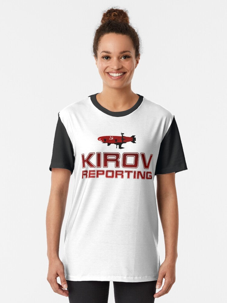 A minimalist graphic t-shirt design with the text "Kirov Reporting" in a simple typographic style, evoking the classic video game Red Alert. - Women