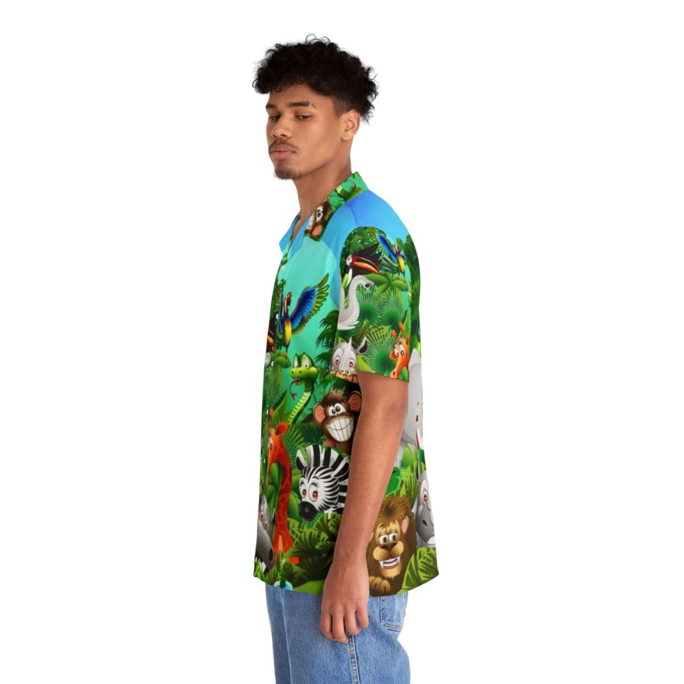 Vibrant Hawaiian shirt featuring a cartoon print of wild animals like elephants, lions, and monkeys in a lush jungle setting - People Left