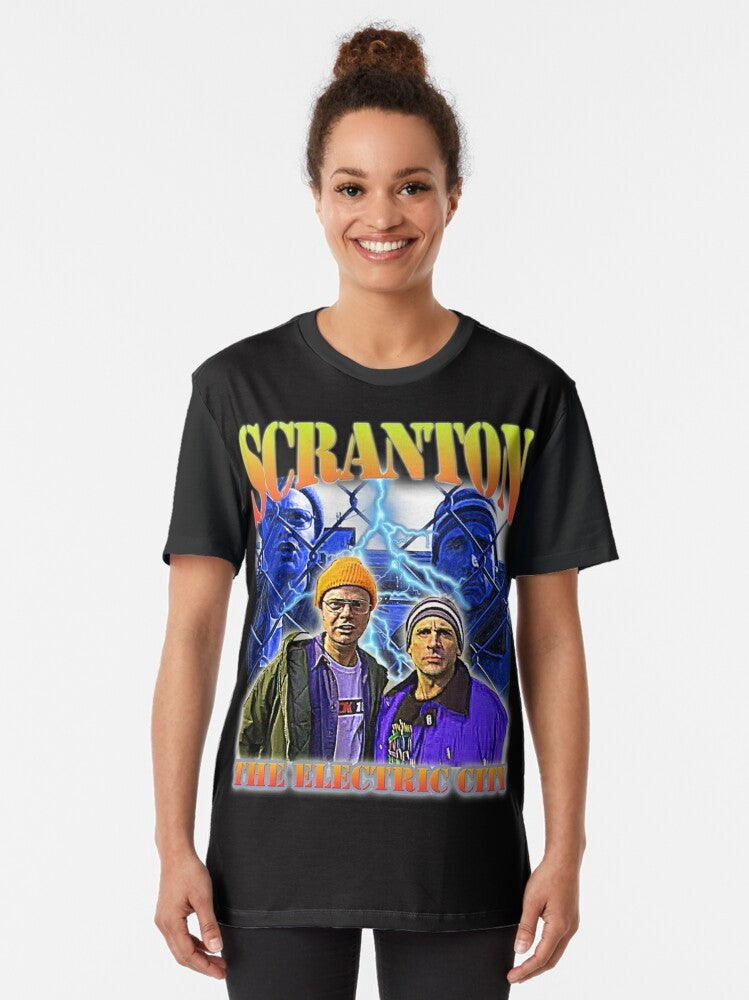 The Electric City Scranton Graphic T-Shirt with a vintage-inspired design featuring references to the TV show "The Office" - Women