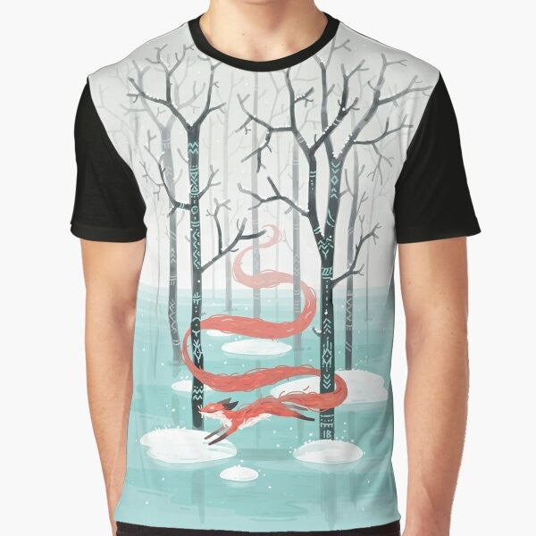 Cozy forest spirit graphic t-shirt featuring a cute fox in a winter wonderland