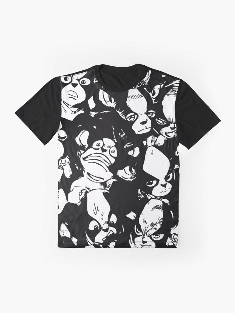 Iggy character from JoJo's Bizarre Adventure anime on a graphic t-shirt - Flat lay