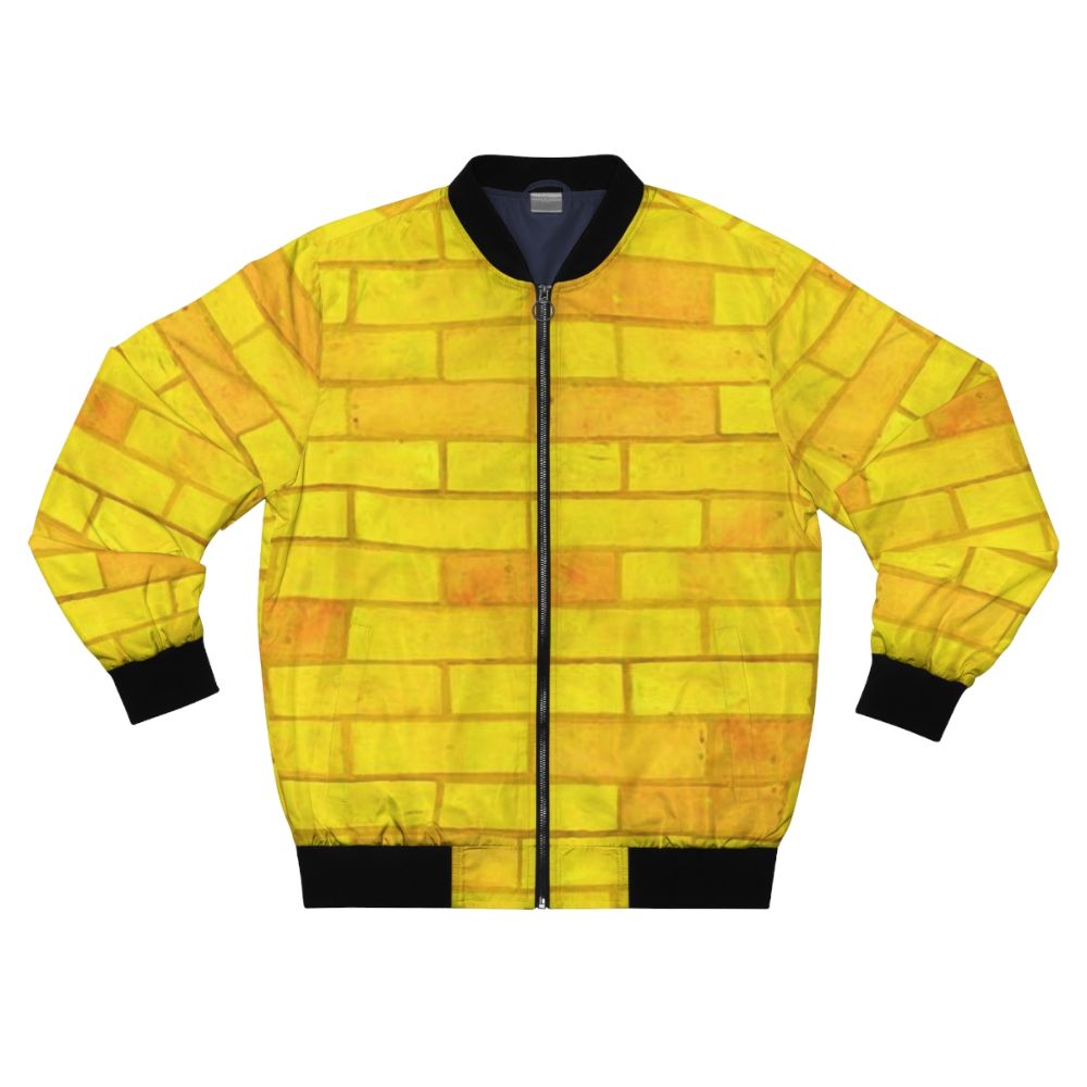 Retro yellow bomber jacket with graphic design elements inspired by The Wizard of Oz