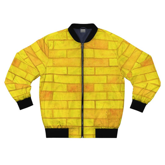 Retro yellow bomber jacket with graphic design elements inspired by The Wizard of Oz