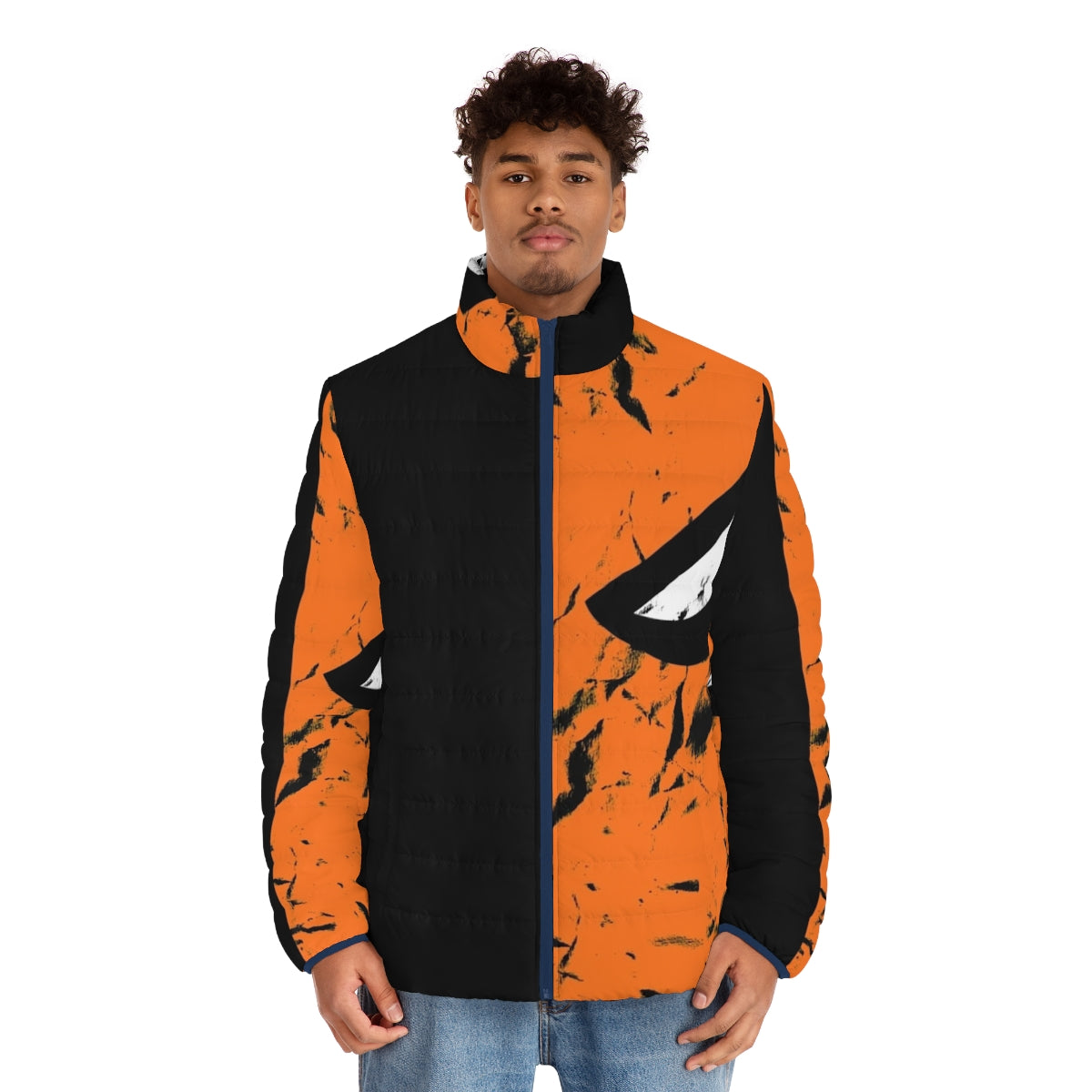 Deathstroke faded puffer jacket with comic book character design - men front