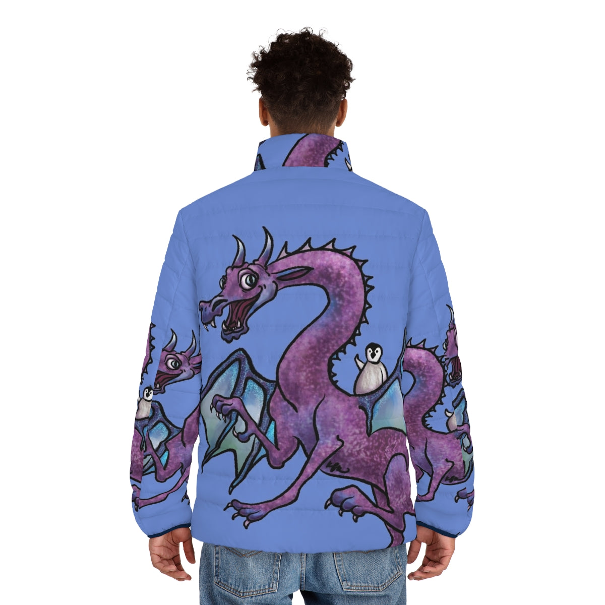 Whimsical puffer jacket featuring a penguin and dragon in a fantasy adventure - men back