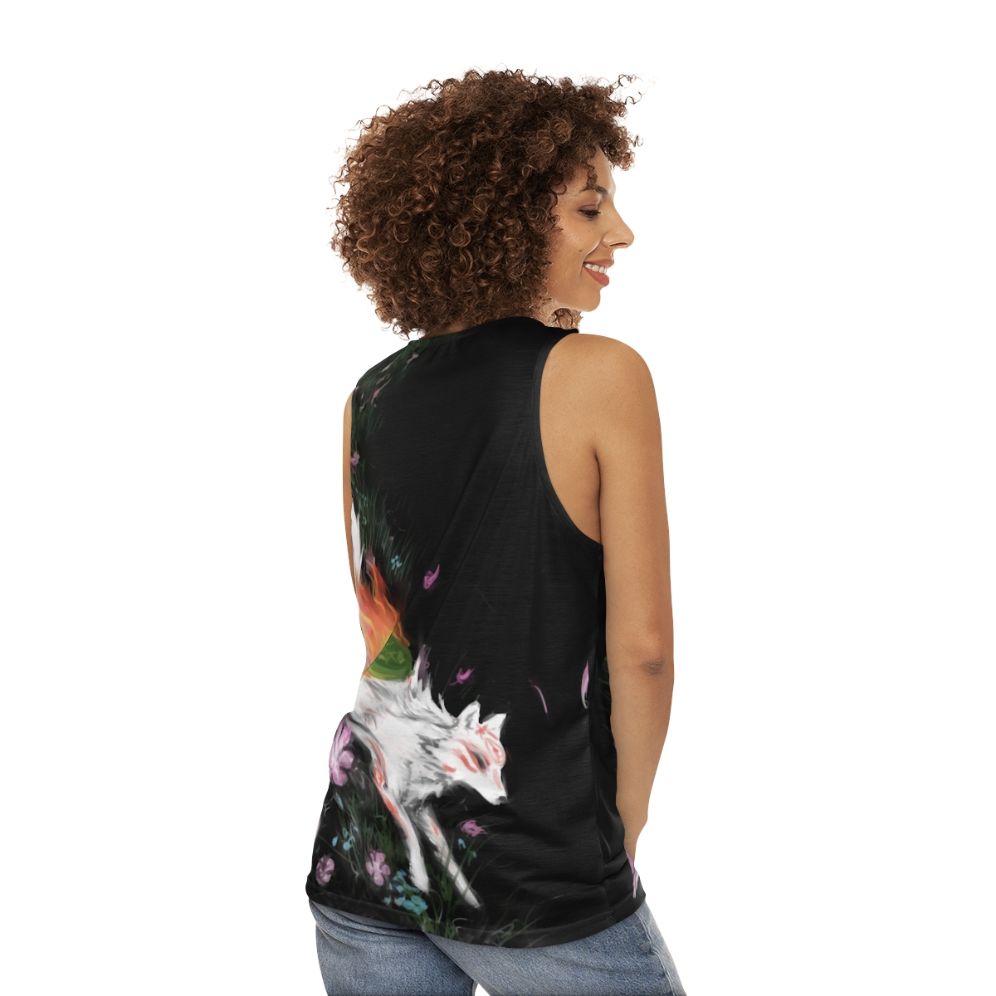 Okami unisex tank top featuring the wolf goddess Amaterasu - women back