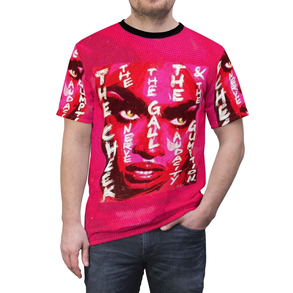 Colorful t-shirt featuring a pop art design inspired by Tayce, a popular drag queen from RuPaul's Drag Race UK. - men front