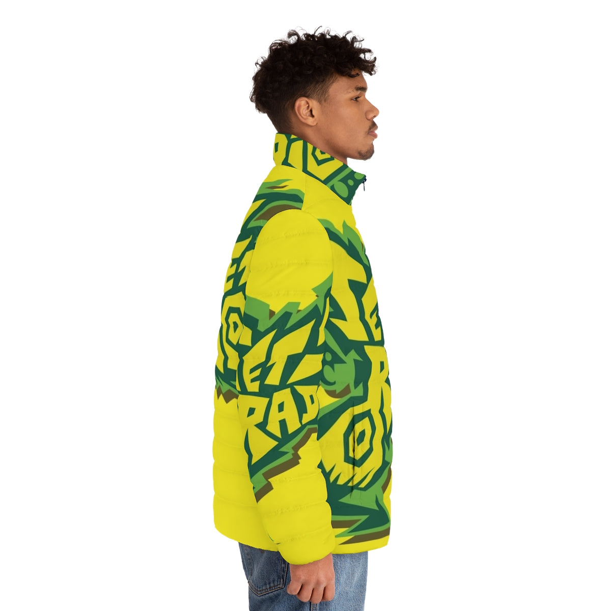 Jet Set Radio inspired puffer jacket with graffiti-style logo design - men side right