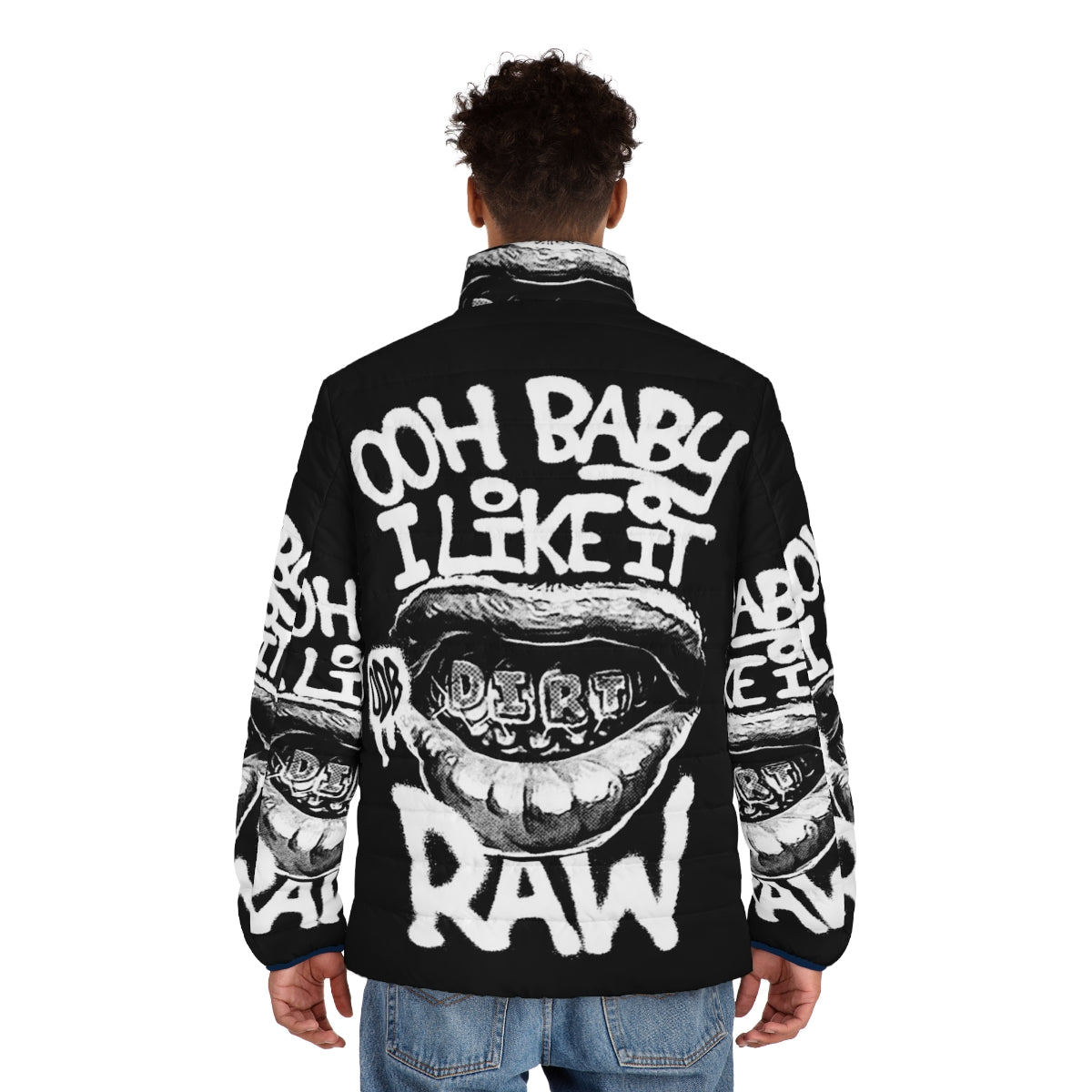 Odb inspired "Ooh Baby I Like It Raw" graphic puffer jacket with graffiti and halftone print design - men back