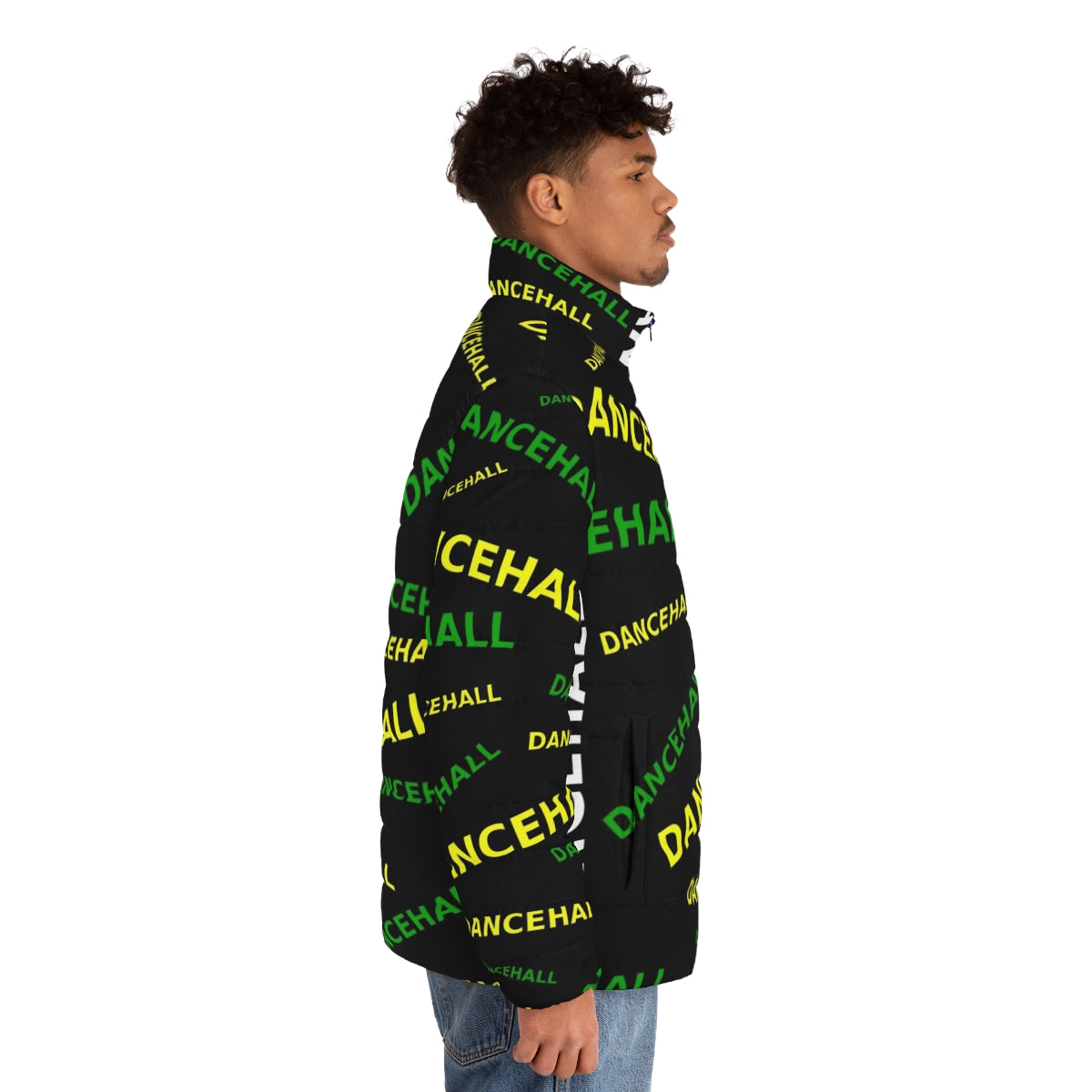 Dancehall-inspired puffer jacket with vibrant color accents - men side right