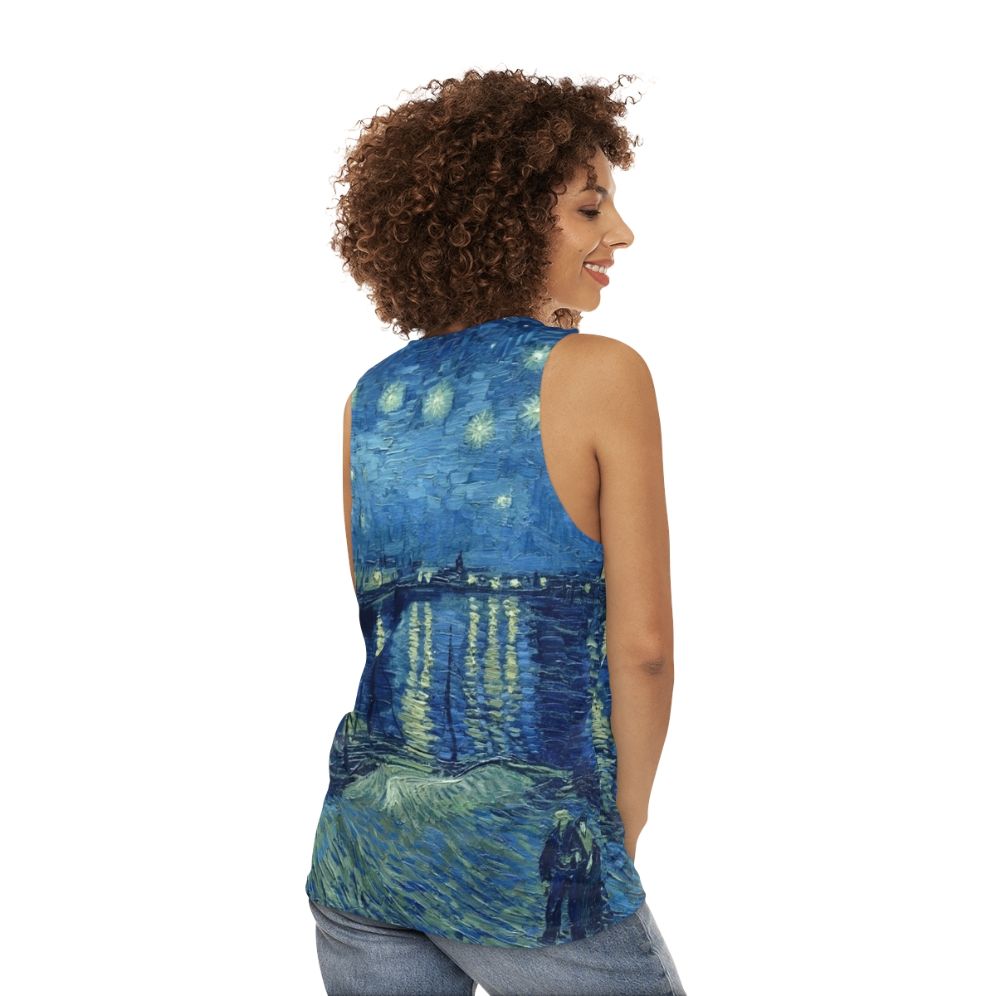 Unisex tank top featuring Van Gogh's Starry Night Over The Rhone painting - women back