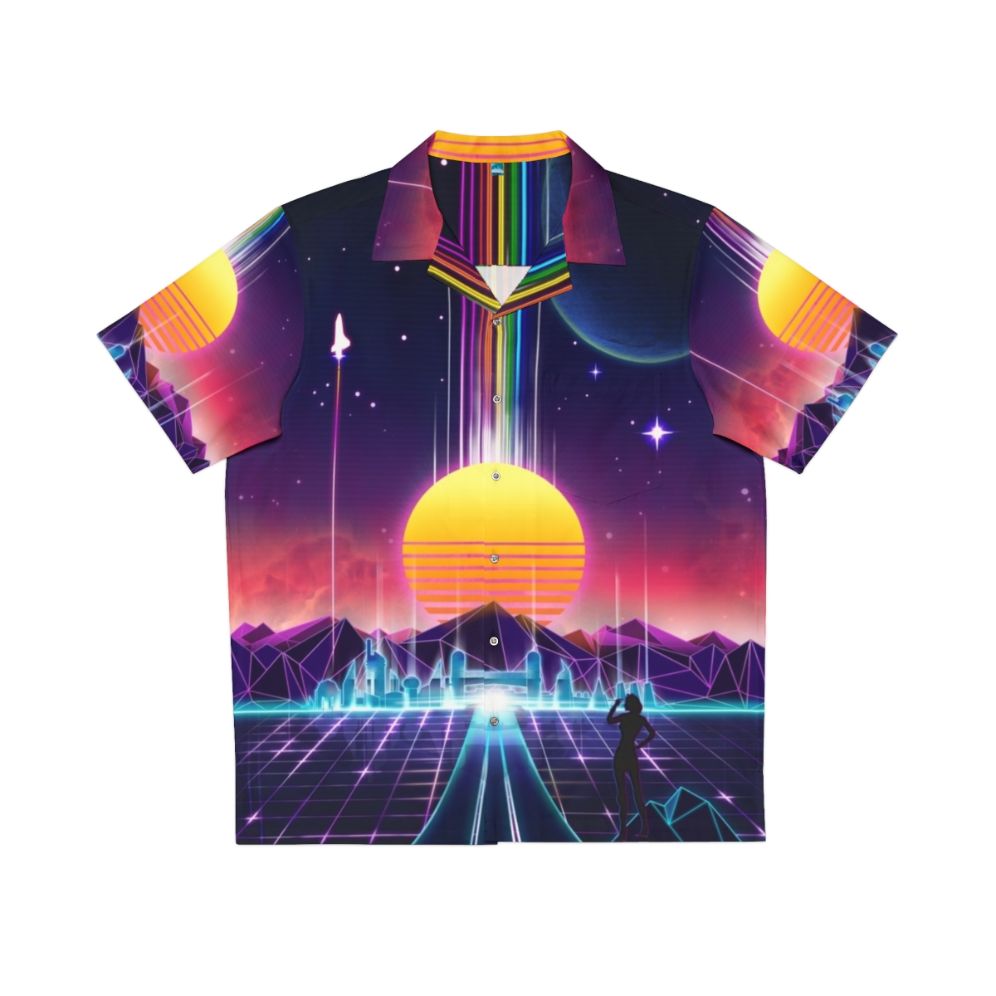 Neon Hawaiian Shirt with Retro Gaming, Space, and Cyberpunk Aesthetic