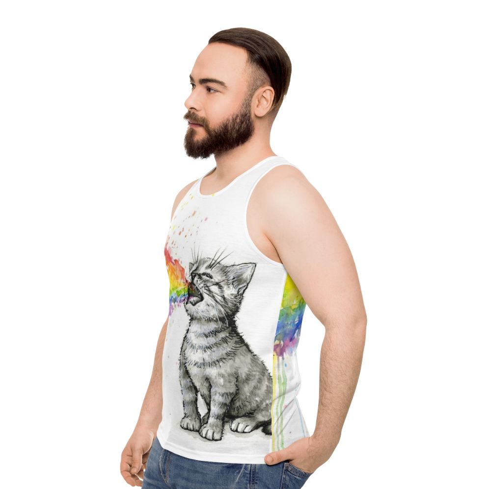 Kitten puking rainbow design on unisex tank top - men side