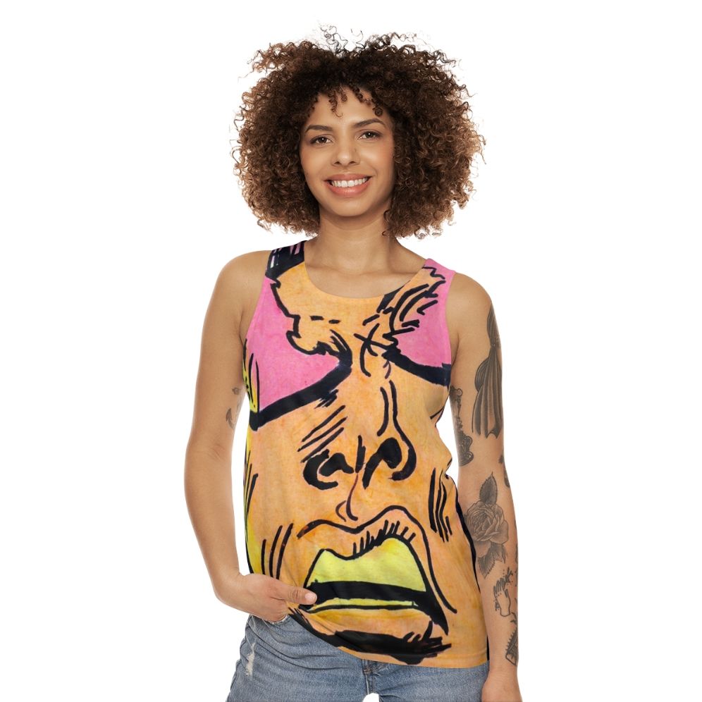 Retro comic art unisex tank top with expressive superhero faces - women