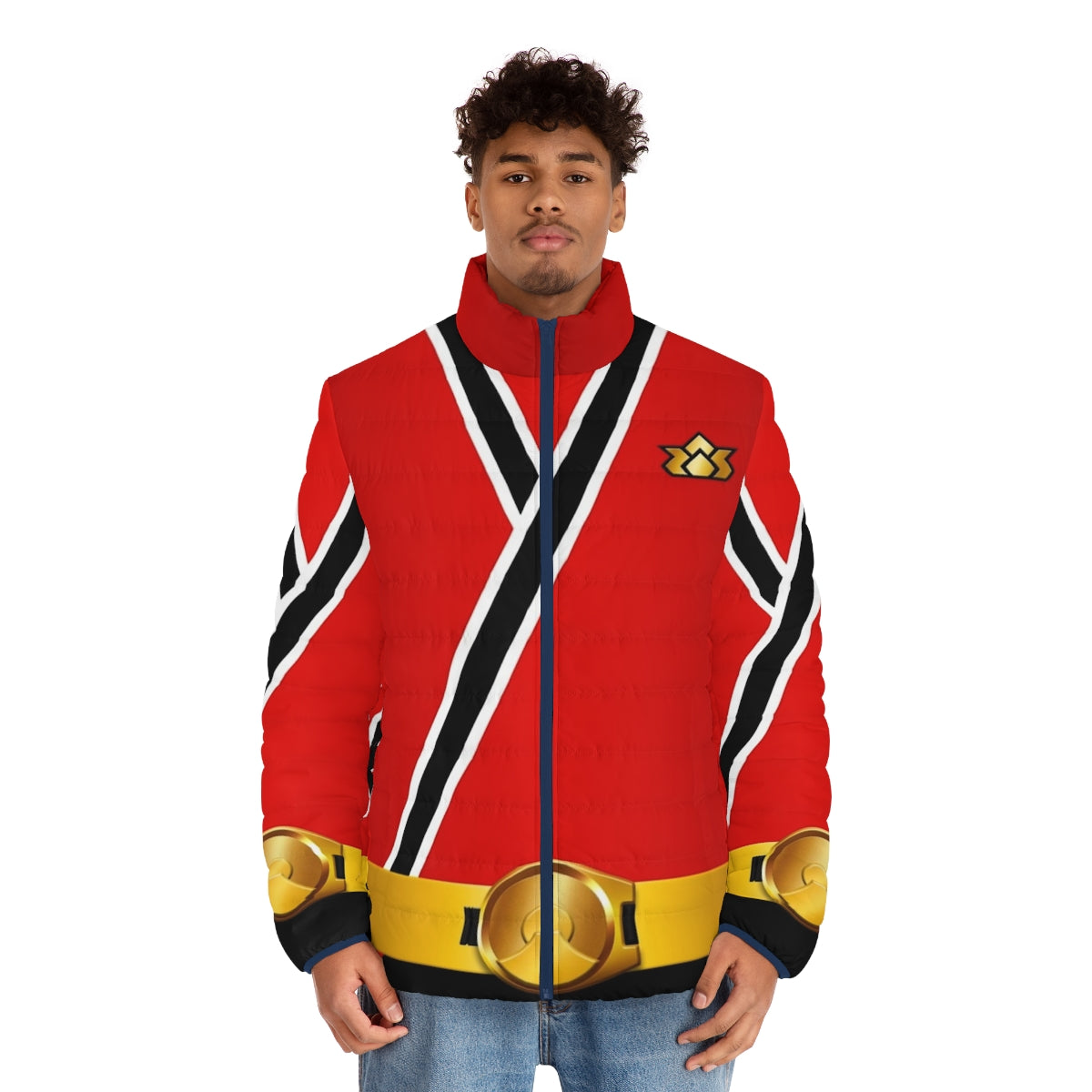 Samurai Red Puffer Jacket with Shinkenger and Super Sentai Inspired Design - men front