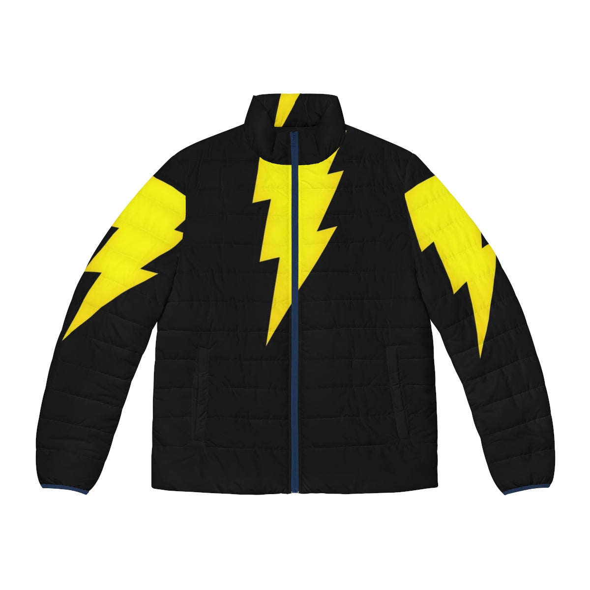 Black Adam superhero character wearing a black puffer jacket