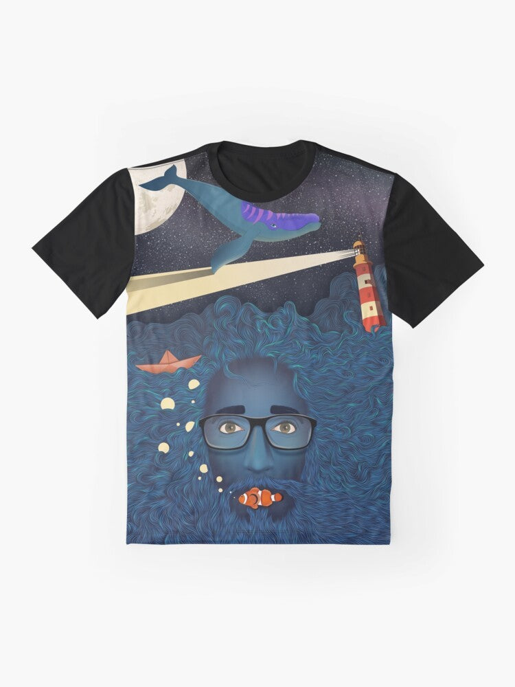 A graphic t-shirt featuring a dreamy, fantasy-inspired design with a whale, stars, and ocean elements. - Flat lay