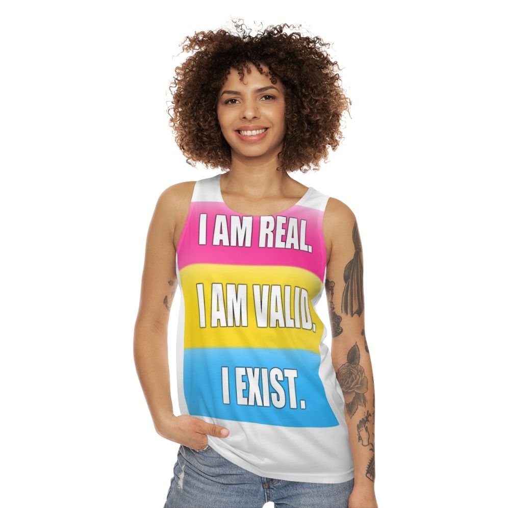 Pansexual pride unisex tank top with the text "I Am Real, I Am Valid, I Exist" - women