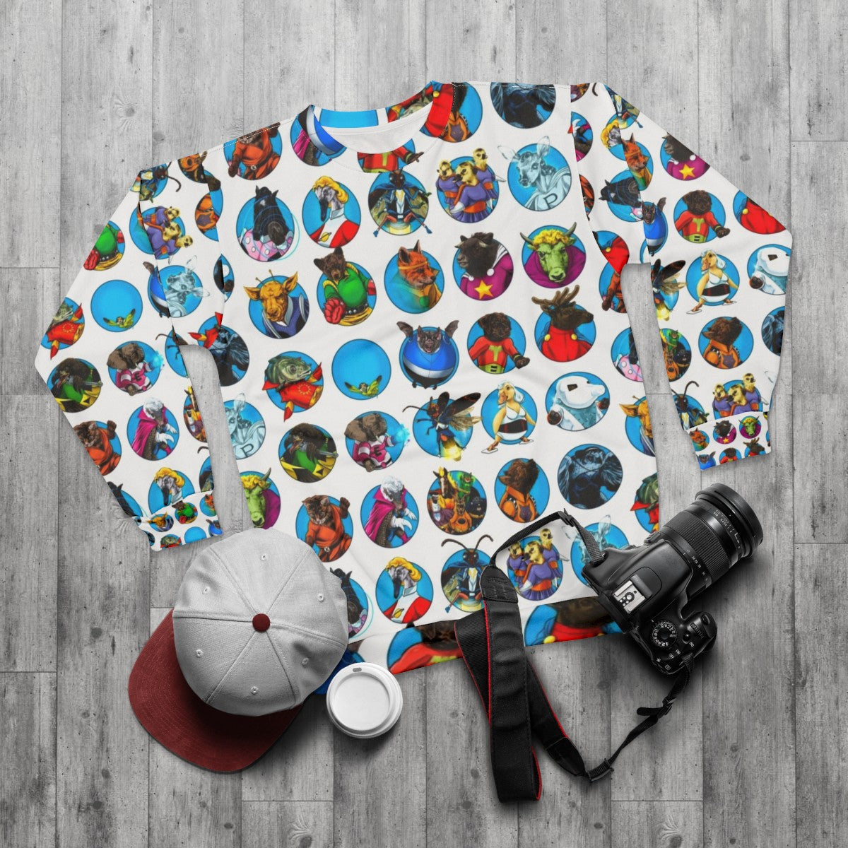 Gaggle of superhero animals sweatshirt - flat lay