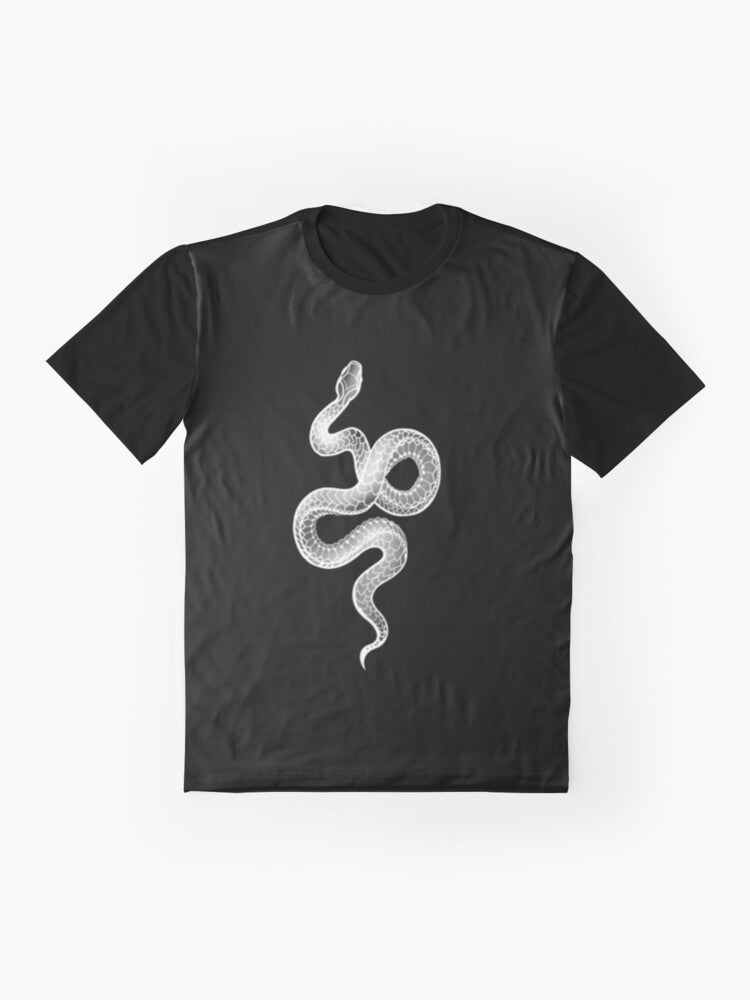 Black and white graphic t-shirt featuring a snake design with the text "Snake Reputation" - Flat lay