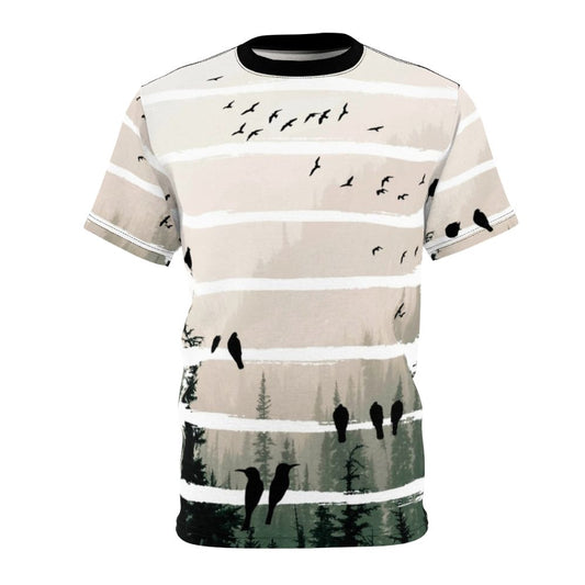 Artistic abstract geometric t-shirt design featuring misty forest, nature landscape, and birds in flight silhouette