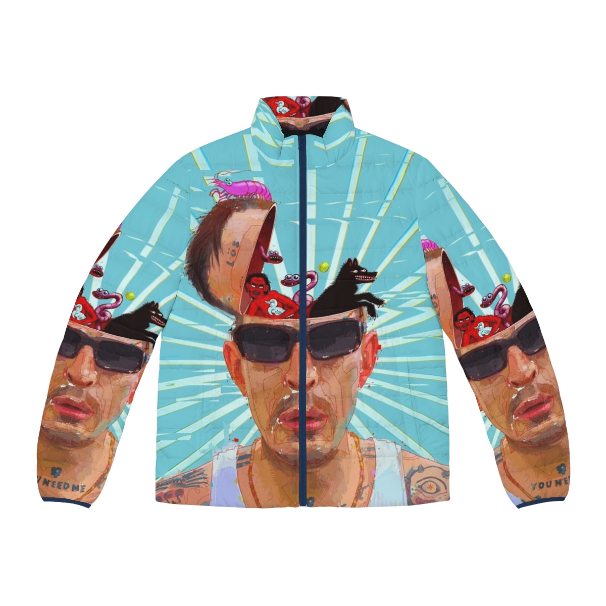 Puffer jacket featuring Sebastian Murphy art and Viagra Boys branding