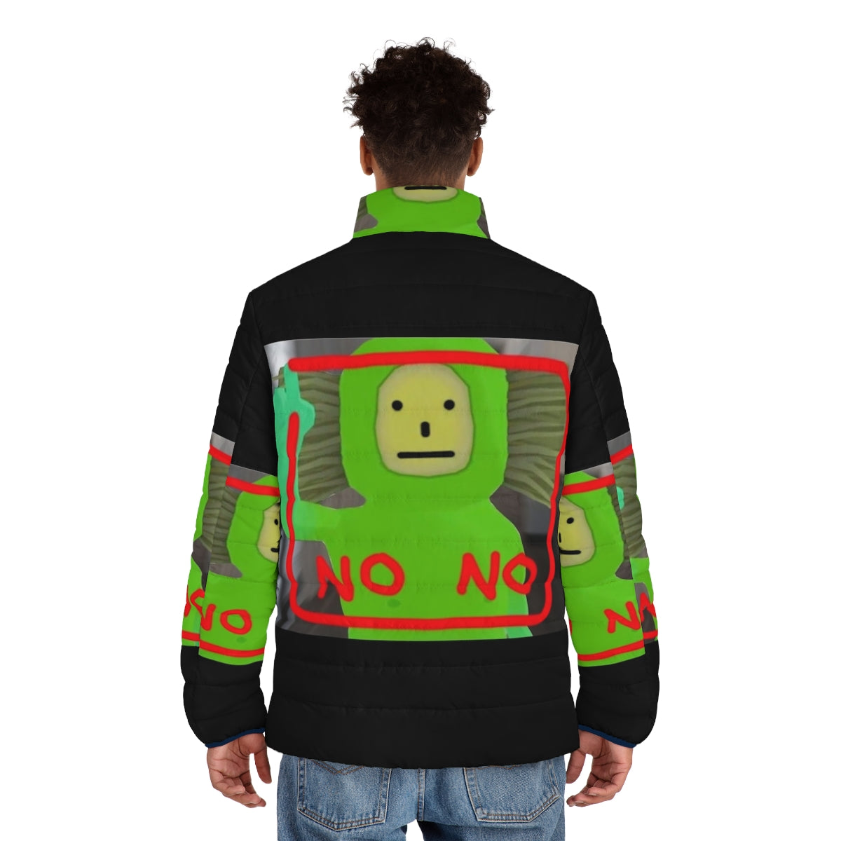 No No Square Puffer Jacket featuring a green and red design inspired by the popular YouTube meme - men back