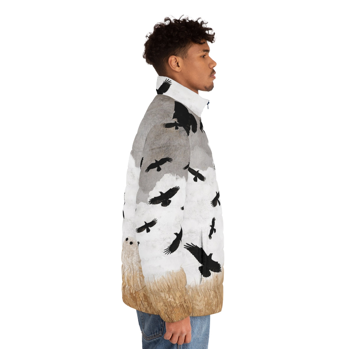 Puffer jacket with crows and nature-inspired vintage design - men side right