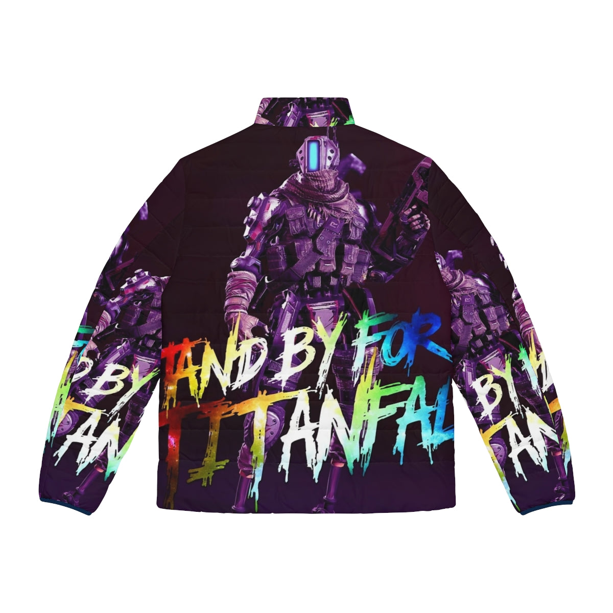 A 4K puffer jacket featuring a holographic pilot design, perfect for sci-fi and video game fans. - Back