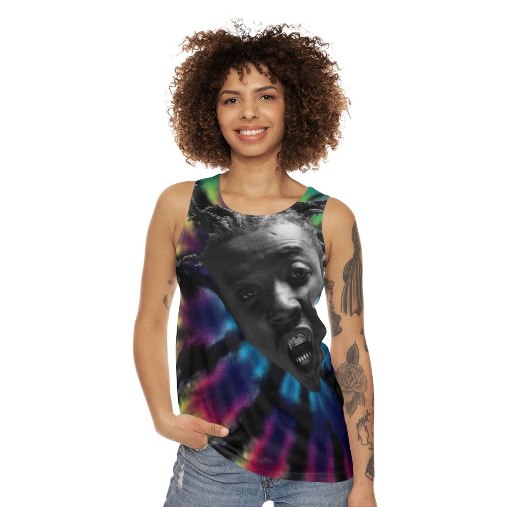 Unisex tie dye tank top with Ol Dirty Bastard inspired design - women