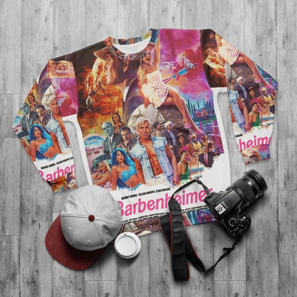 Barbenheimer Sweatshirt - Retro Barbie x Oppenheimer Movie Mashup - flat lay