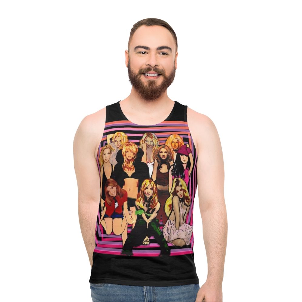 Retro pop art unisex tank top with 90s music references - men