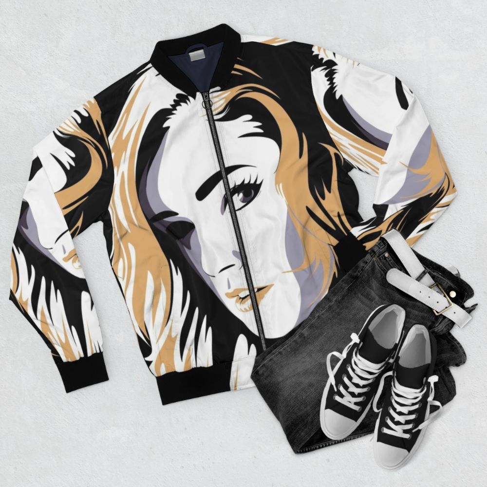 Chrissy Costanza Against the Current black bomber jacket with digital art design - Flat lay