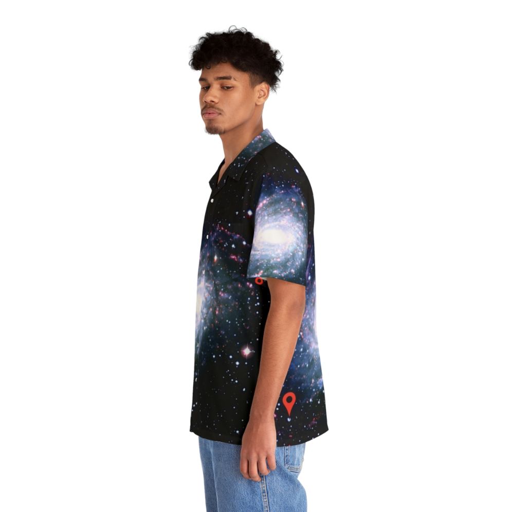 Galactic Location Hawaiian Shirt featuring a cosmic print of stars, planets, and the Milky Way - People Left