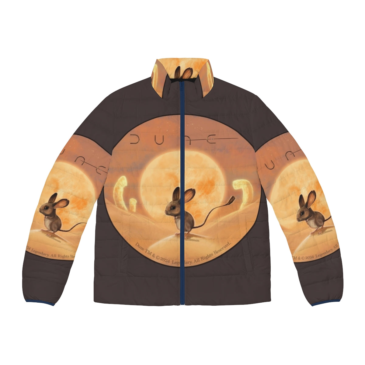 Dune themed puffer jacket with desert sci-fi inspired sandworm design