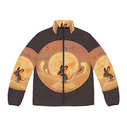 Dune themed puffer jacket with desert sci-fi inspired sandworm design