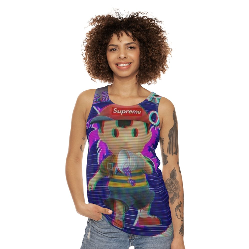 Unisex gaming tank top with retro Earthbound Ness design - women