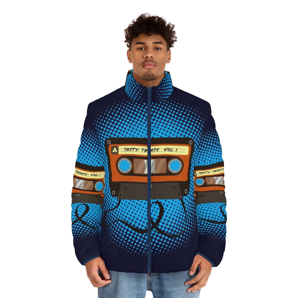 Tasty Treats Vol 1 Puffer Jacket featuring a cassette design in blue, orange, and brown colors - men front